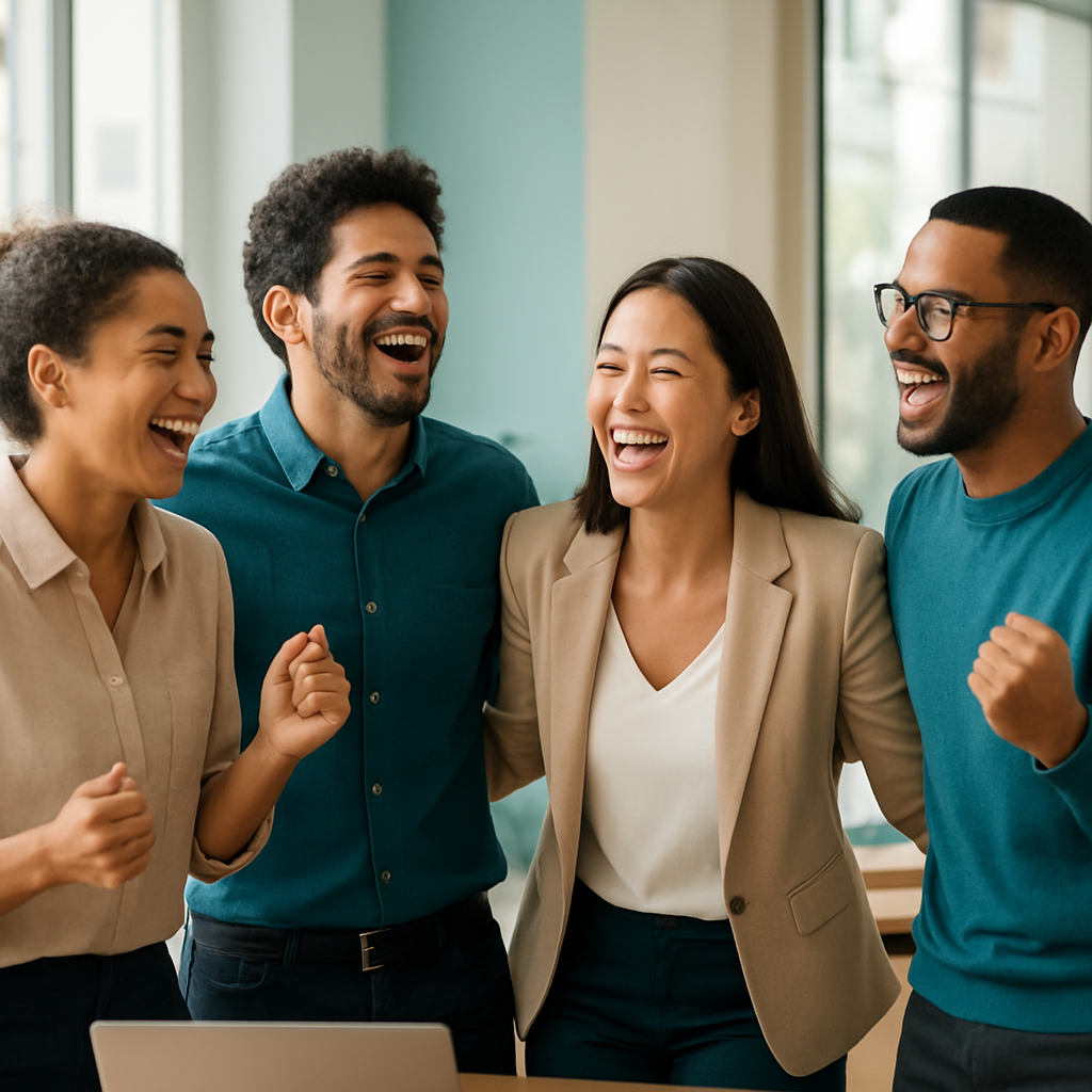 Equipe da ContratoRadar comemorando junta em um escritório moderno
